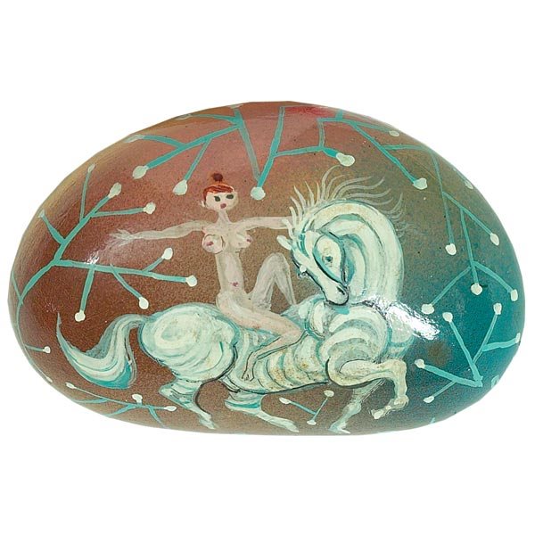 Aaron Bohrod, Lady Godiva, oil: Aaron Bohrod (American, 1907-1992), "Lady Godiva", c.1940; oil/lacquer on rock, 2.75" x 3.75" x 1.5", signed. Important Chicago modernist. Bohrod created decorative objects and designed ceramics throu