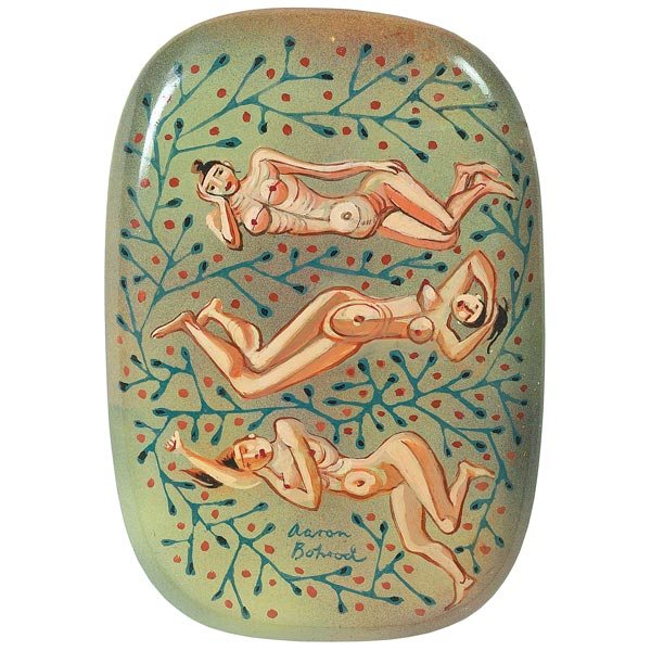 Aaron Bohrod, Three Graces, oil: Aaron Bohrod (American, 1907-1992), "Three Graces", c.1940; oil/lacquer on plaster, 7.75" x 5", signed. Important Chicago modernist. Bohrod created decorative objects and designed ceramics throughout