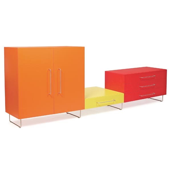 Jasper Morrison "Plan" cabinet: Jasper Morrison "Plan" cabinet, by Cappellini, Italy, three connecting pieces in brightly-colored matt lacquer finish with stainless steel handles and red cabinet with three drawers: 47.5"w x 23.5"d x