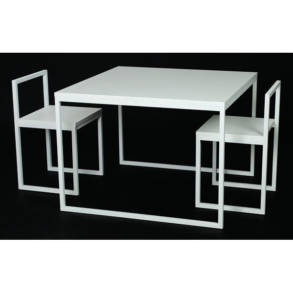 Fronzoni table and two chairs: A.G. Fronzoni "Fronzoni 64" table and two chairs, by Cappellini, matt finish white lacquer top and seats over white enameled steel frames, table: 40"w x 40"d x 29"h, chairs: 18"w x 17"d x 19"h, marked
