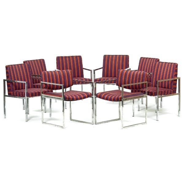 Edward Roffman chairs, set of eight: Edward Axel Roffman chairs, set of eight, tubular chromed square frames with Alexander Girard striped "Jacob's Coat" upholstery, two with floating backrests: 22"w x 22"d x 31"h, six with fully upholst