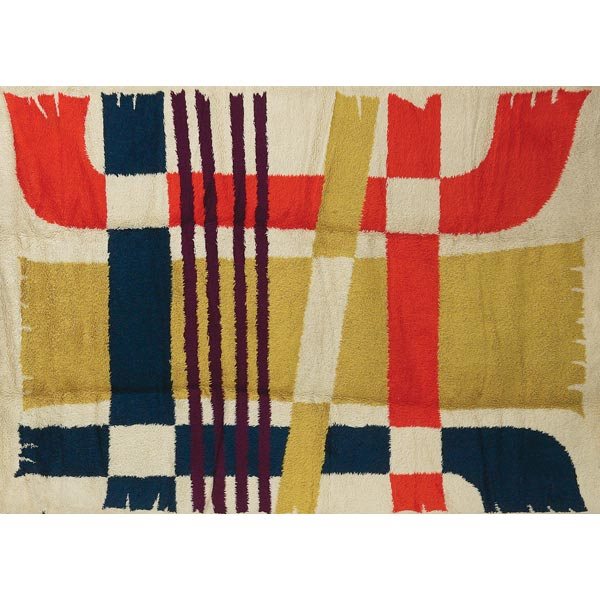 Rya "a-train" rug, Denmar: Rya "a-train" rug, Denmark, rectangular form of 100% wool, purple, orange, yellow and blue designs on an off-white field, marked with Ege Rya label with title, 8'2" x 11'6", very good original conditi