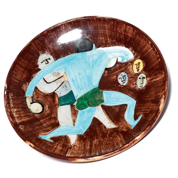 Aaron Bohrod plate: Aaron Bohrod plate, made by Stonelain, hand-painted scene of athletes, signed, marked, 8.5"w, chip to foot