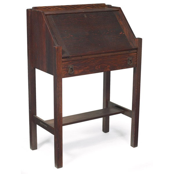 Lifetime desk, slant-top: Lifetime desk, slant-top above a single drawer with original hardware and a lower stretcher, interior with storage compartments, original finish, 27"w x 16.5"d x 40.5"h, very good condition