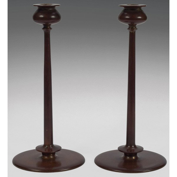 Arts and Crafts candlesticks, pair: Arts and Crafts candlesticks, pair, similar to Jarvie Beta model, nice new patina, 6"dia x 12"h