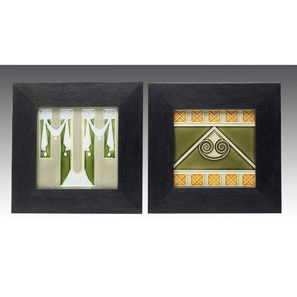 German tiles, green, white and yellow: German tile, green, white and yellow drapery design, tile: 6"sq, overall: 9.25"sq; with a German tile, green, white and yellow geometric design, tile: 6"sq, overall: 9.25"sq, both framed