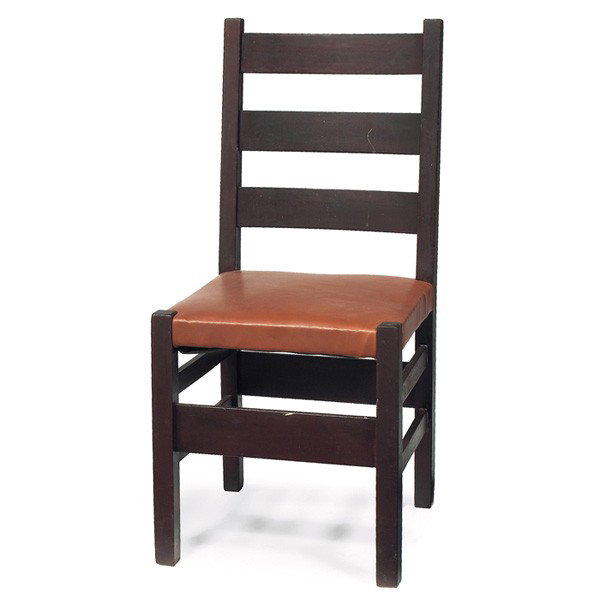 Gustav Stickley side chair, #370, recovered leather: Gustav Stickley side chair, #370, in mahogany, three horizontal slats at back above a recovered leather seat, signed with red decal, 17"w x 17"d x 36"h, very good condition