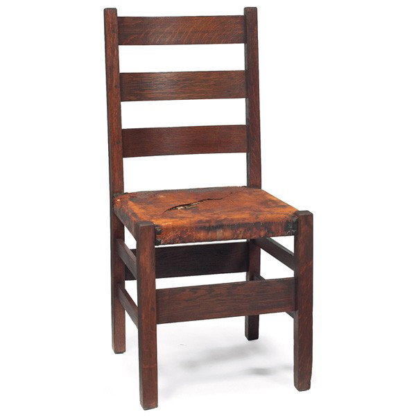 Gustav Stickley side chair, #370, original leather: Gustav Stickley side chair, #370, three horizontal slats at back above a worn original leather seat, branded signature, 17"w x 17"d x 36"h, very good condition