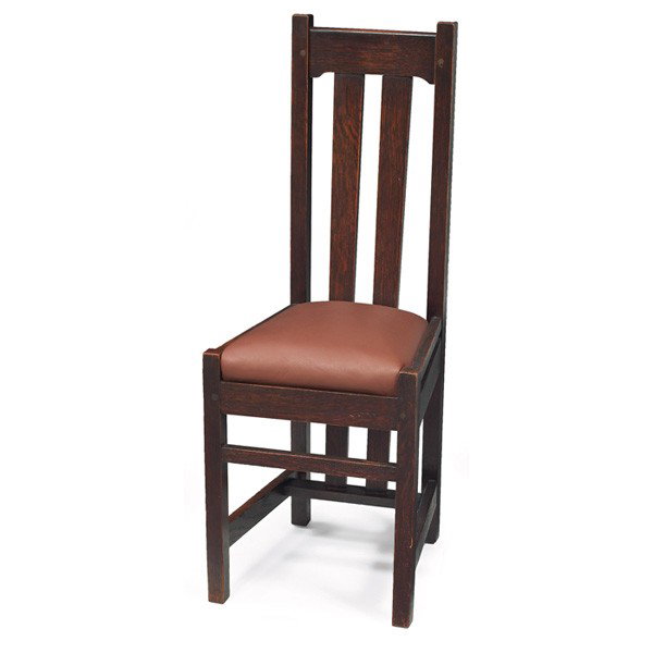Prairie School desk chair, possibly Stickley: Prairie School desk chair, possibly Stickley Brothers with two long vertical slats at back over a recovered leather seat, original finish, 15"w x 16"d x 41"h, very good condition