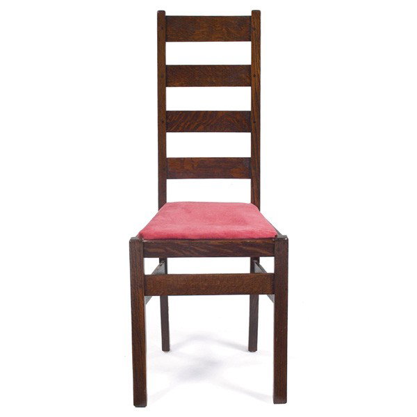 Arts & Crafts hall chair, narrow: Arts & Crafts hall chair, narrow tall-back form with four horizontal slats over a recovered seat, refinished, 16.5"w x 14.5"d x 41"h, very good condition