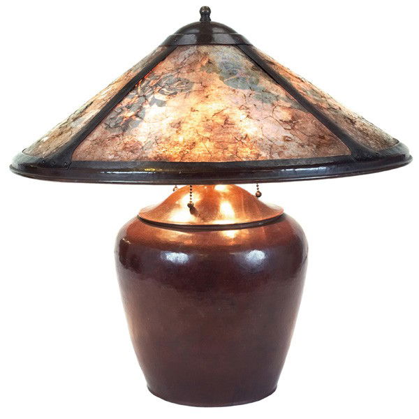 Dirk Van Erp table lamp, assembled: Dirk Van Erp table lamp, assembled, original mica stenciled shade with leaf design on a hammered copper base, original patina, signed, original finial at top, some flakes to mica, 21"dia x 19"h, very
