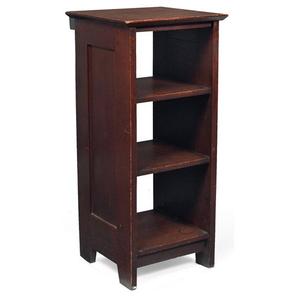 Gustav Stickley magazine cabinet, #547: Early Gustav Stickley magazine cabinet, #547, square top above three shelves supported by paneled sides, signed with early red decal, some wear to original finish, 15.5"w x 15.5"d x 35"h, very good co