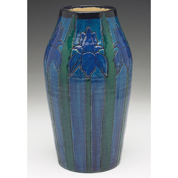 Art Pottery vase, in the style of Newcomb: Art Pottery vase, in the style of Newcomb College, high glaze form with an incised and a blue and green iris motif, marked, #796, 5"w x 9"h