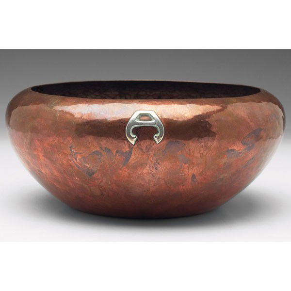 Kalo bowl, silver monogram "A": Kalo bowl, broad shape, original patina, subtle organic designs, applied silver monogram "A", marked, 7"w x 3"h