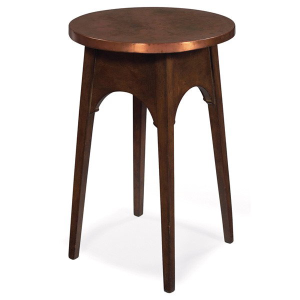 Stickley Brothers drink table, #2615,: Stickley Brothers drink table, #2615, circular copper top above a wide notched arched apron on a tapered leg, some cleaning to original copper top, refinished, unsigned, 18"dia x 28"h, very good condi