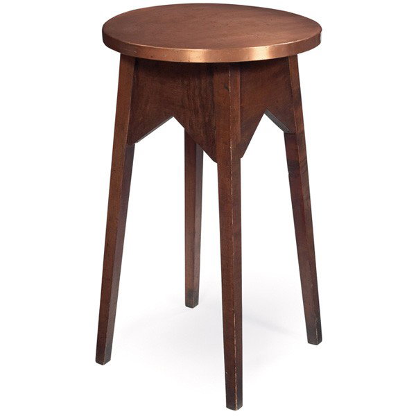 Arts and Crafts drink table: Arts and Crafts drink table similar to Stickley Brothers #2615, in maple, circular copper top above a wide inverted "V" apron on a tapered leg, some roughness, recoated original finish, some cleaning 