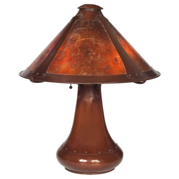 Dirk Van Erp table lamp, flaring mica: Dirk Van Erp table lamp, flaring mica shade with an unusual vented cap supported by a graceful riveted hammered copper base, new patina, original mica, signed, 16"dia x 19"h, very good condition