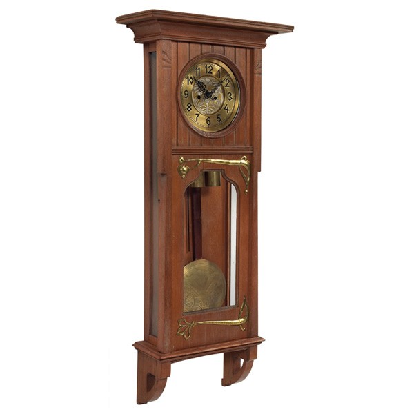 German Arts & Crafts clock,: German Arts & Crafts clock, wall clock with organic brass strap hinges, brass face with starburst design to pendulum, refinished, 16.5"w x 7.5"d x 38"h, very good condition