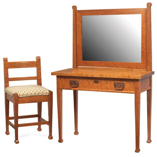Roycroft dressing table and Roycroft Marshall P. W: Rare Roycroft dressing table, #0110, and Roycroft "Marshall P. Wilder chair", in bird's eye maple, c. 1903, historically significant pieces from the Emerson Room at the Roycroft Inn, pivoting mirror a