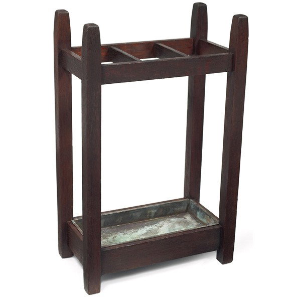 Gustav Stickley umbrella stand, #55,: Gustav Stickley umbrella stand, #55, tapered posts with three-sections at top, original drip pan, branded signature, some retouch to original finish, 21"w x 11.5"d x 34"h, very good condition