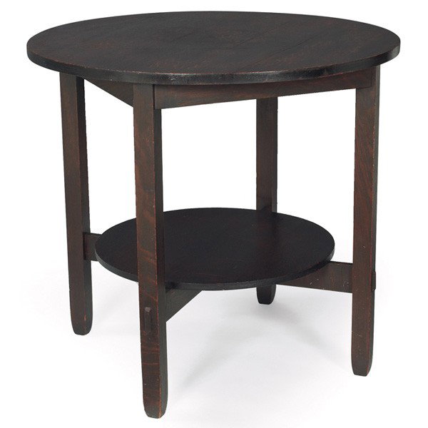Stickley Brothers lamp table, #2516: Stickley Brothers lamp table, #2516, circular top above a lower shelf supported by a cross stretcher base with thru-tenon construction, original finish to base, worn finish to top, unsigned, 28"dia x 