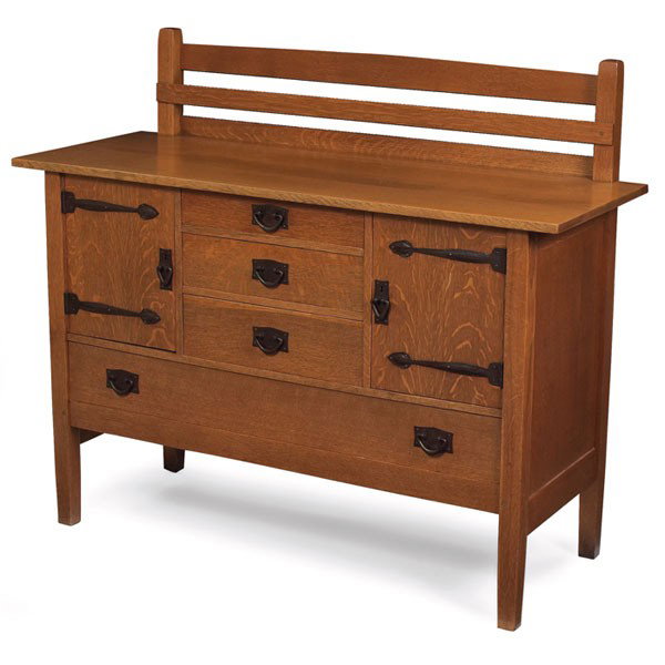 Gustav Stickley sideboard, #814: Good Gustav Stickley sideboard, #814 , plate rail at back above a series of drawers and doors with original iron pulls and strap hardware, ooze leather in top drawer, signed with red decal, lightly re