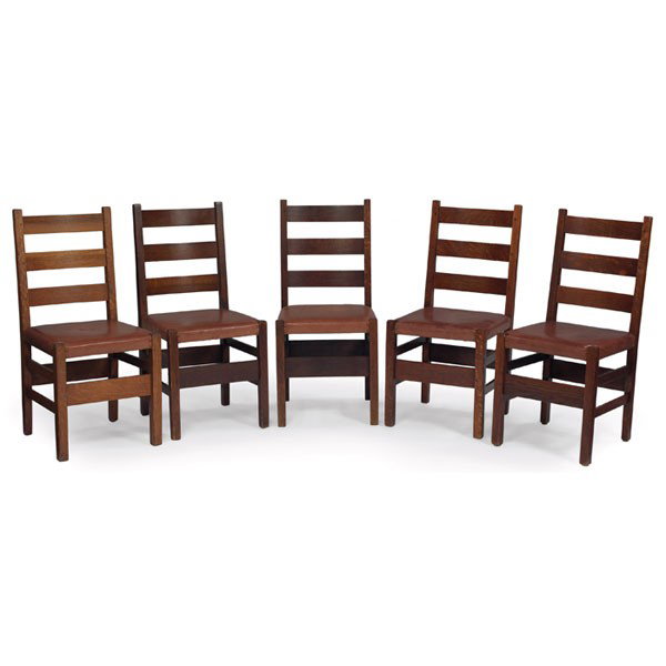 Gustav Stickley dining chairs, assembled set of fi: Gustav Stickley dining chairs, assembled set of five, #306, ladder-back form with three horizontal slats over a recovered leather seat, overall roughness, three signed with red decal, original finish 