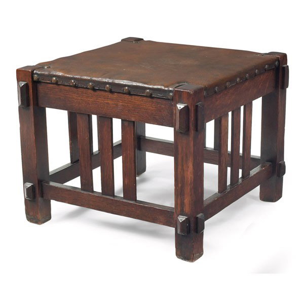 Lakeside Craft Shop footstool, #116: Lakeside Craft Shop footstool, #116, original leather seat above three vertical slats on each side, original finish, signed with decal, 19"w x 19"d x 15"h, very good condition