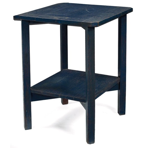 Gustav Stickley lamp table, #611: Gustav Stickley lamp table, #611, cut-corner top above a lower shelf supported by a cross-stretcher base, some overall roughness, painted blue, 24"w x 24"d x 29"h, good condition