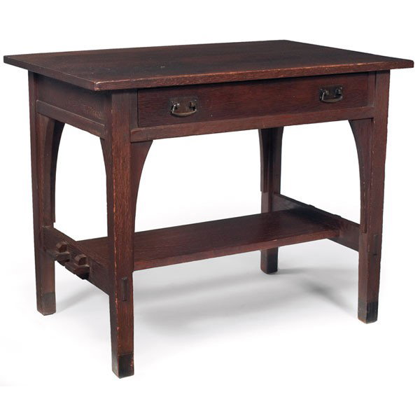 L & JG Stickley library table, similar to #520: L & JG Stickley library table, similar to #520, single drawer above corbel supports and a lower stretcher with double key and tenon construction, refinished, unsigned, restoration to feet, 36"w x 24"d