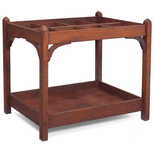 Arts & Crafts umbrella stand,: Arts & Crafts umbrella stand, large form with eight divided compartments at top, supported by peaked posts with corbel supports, refinished, 40"w x 24"d x 33"h, very good condition