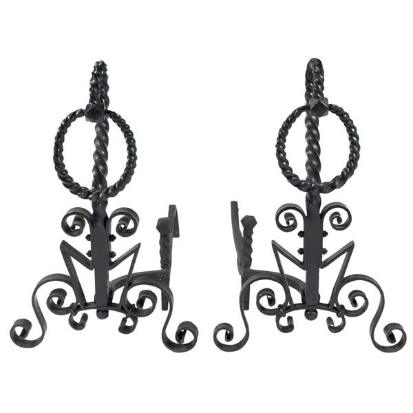 Arts & Crafts andirons, in twisted: Arts & Crafts andirons, in twisted and curled wrought iron with loop detail, 17"w x 36"d x 25"h, very good condition