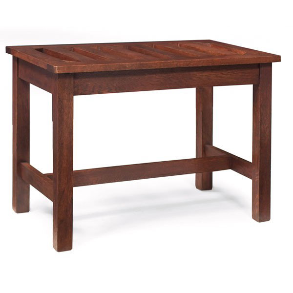 J.M. Young luggage bench, slatted top: J.M. Young luggage bench, slatted top above a lower stretcher, signed, original finish, 30"w x 18"d x 22"h, very good condition