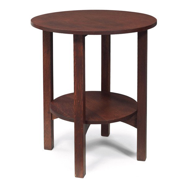 Gustav Stickley lamp table, similar to #608,: Gustav Stickley lamp table, similar to #608, circular top above a lower shelf supported by an arched cross-stretcher base, refinished, unsigned, 24"dia x 29"h, very good condition
