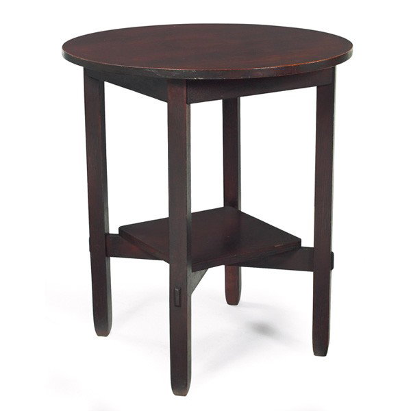 Stickley Brothers lamp table, #2504: Stickley Brothers lamp table, #2504, circular top above a lower square shelf supported by cross-stretcher base with thru-tenon construction, numbered, recoated original finish, 26"dia x 29.5"h, very g