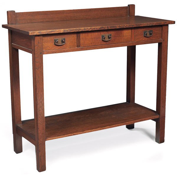 L & JG Stickley server, #641, three drawers: L & JG Stickley server, #641, three drawers with original copper hardware above a lower shelf, original finish, unsigned, 44"w x 18"d x 39.5"h, very good condition
