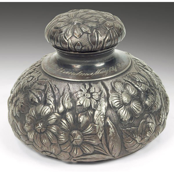 Wilcox inkwell, silver-plated Aesthetic movement: Wilcox inkwell, silver-plated Aesthetic movement with floral design, engraved "Bernice to Grandma Mary 18/91," signed and numbered 2811, original glass inert, 4"dia x 3"h