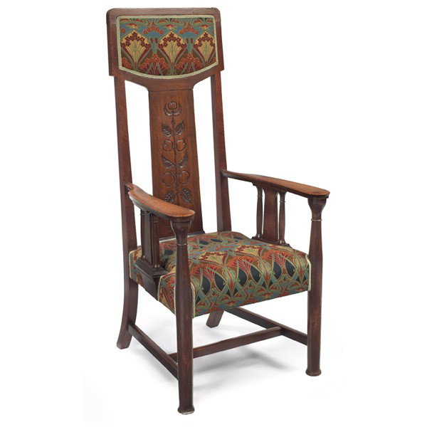 English Arts & Crafts hall chair, tall-back: English Arts & Crafts hall chair, tall-back form with wide slat having organic carved detail, nicely recovered seat and back in a Liberty of London fabric, original finish, 26"w x 26.5"d x 53.5"h, ver