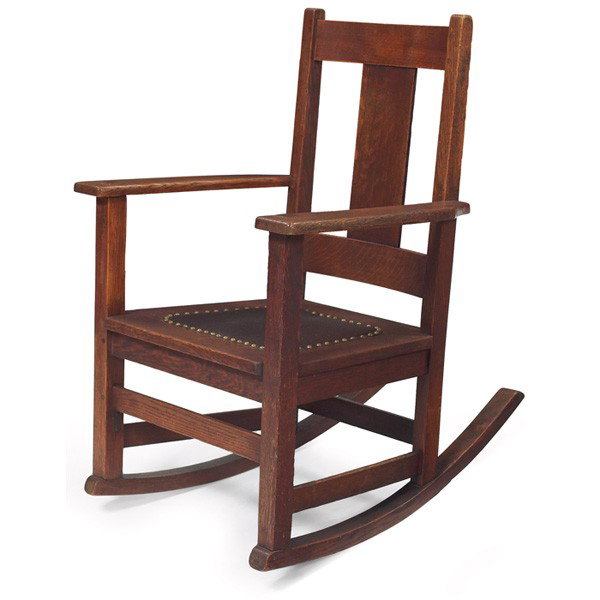 Limbert rocker, #1894, single vertical slat: Limbert rocker, #1894, single vertical slat at back over a replaced leather seat, branded signature, cleaned original finish, 24"w x 28"d x 32.5"h, very good condition