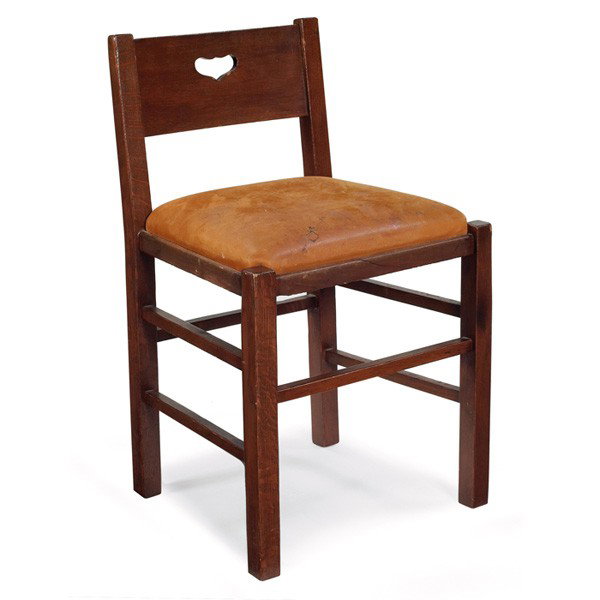 Stickley Brothers telephone chair, #841: Stickley Brothers telephone chair, #841 , low form with wide cut-out slat at back above a recovered leather seat, recoated original finish, seat altered, unsigned, 16"w x 15"d x 26"h, good condition