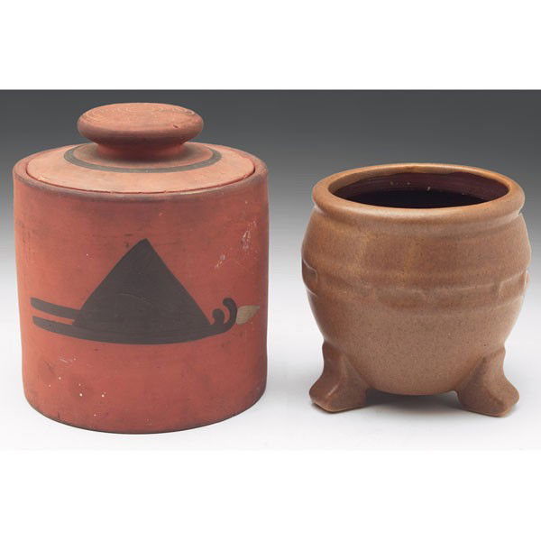 Clifton covered vessel, painted design: Clifton covered vessel, painted design, unmarked, 5.5"w x 6.5"h, hairline, chip to lid; with a Fulper vase, footed shape, covered in a brown matte, marked, 5"w x 5"h