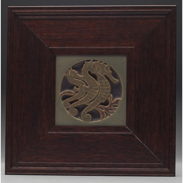Rookwood Faience tile, sea horse: Rookwood Faience tile, sea horse design, gray, purple and tan matte glazes, held in an Arts & Crafts oak frame, marked, #1234YE, tile: 6"sq, overall: 14"sq