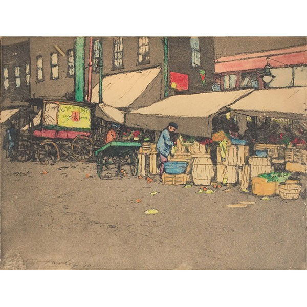E.T. Hurley color etching, 6th Street: E.T. Hurley color etching, "6th Street Market," 1915, signed, framed, pencil signed and dated 1920, image: 10.25" x 12.75", overall: 16.5" x 19"