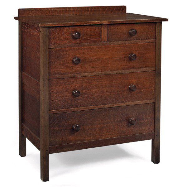 Gustav Stickley chest of drawers, #909: Gustav Stickley chest of drawers, #909, two half drawers above three full drawers with original wood knobs supported by paneled sides, recoated original finish, some wear, remnant of red decal, 37"w x