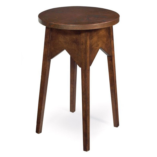 Arts and Crafts drink table: Arts and Crafts drink table similar to Stickley Brothers #2615, in maple, circular copper top above a wide inverted "V" apron on a tapered leg, refinished, some cleaning to original copper top, 17.5"d