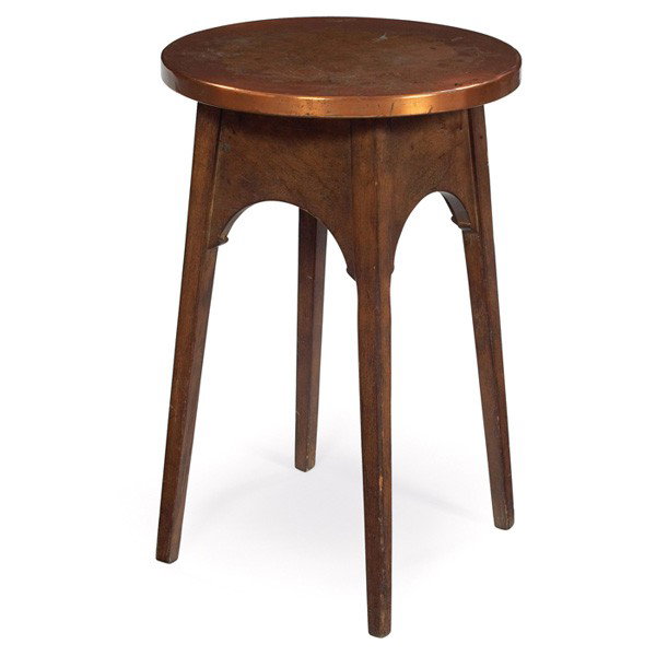 Stickley Brothers drink table, #2615: Stickley Brothers drink table, #2615, circular copper top above a wide notched arched apron on a tapered leg, some cleaning to original copper top, refinished, unsigned, 18"dia x 28"h, very good condi