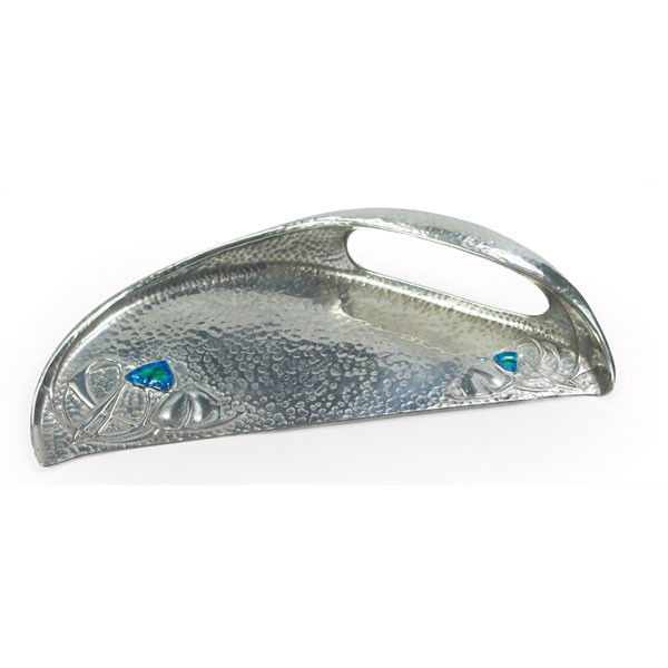 Liberty & Company Tudric" crumb tray: Liberty & Company "Tudric" crumb tray, designed by Archibald Knox, c. 1905, in hammered pewter with organic design in blue/green enamel and repousse, signed and numbered 0532, 10"w x 4.5"l, very good