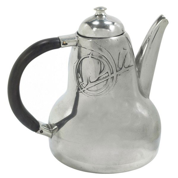 Liberty & Company Tudric" coffee pot,: Liberty & Company "Tudric" coffee pot, c. 1905, rare design by Archibald Knox, in pewter with organic repousse design, signed and numbered 0375, 6"w x 4"d x 5.5"h, very good condition