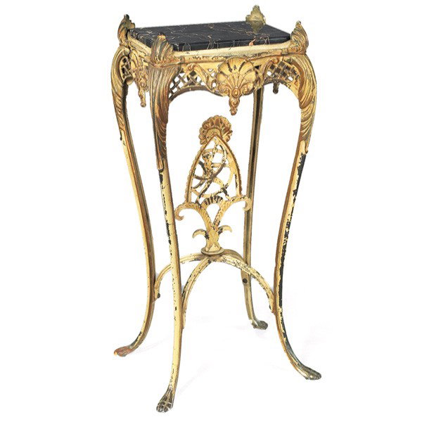 French Art Nouveau table: French Art Nouveau table, marble top above an intricate brass and iron base with worn original paint, professional repair to marble, 16"w x 12"d x 32"h, very good condition