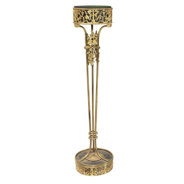 Oscar Bach style planter: Oscar Bach style planter, in brass with grape vine design, unsigned, 11"dia x 44"h, very good condition